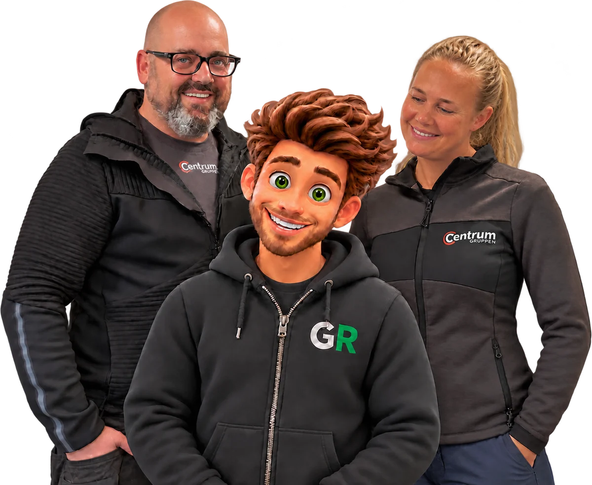 Christian Jensen og Louise Adsbøl fra Centrum Gruppen med GoRental-maskotten Claus