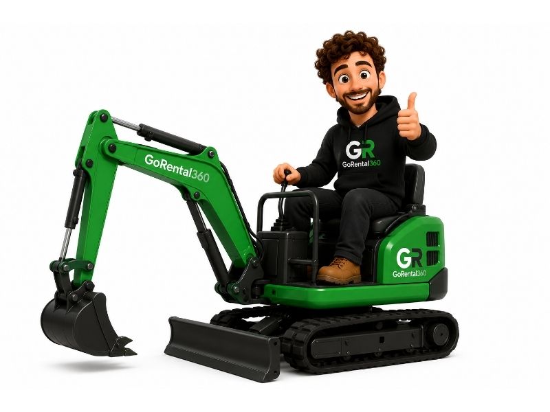 GoRental360 mascot på minigraver — udlejningssystem til maskinudlejning