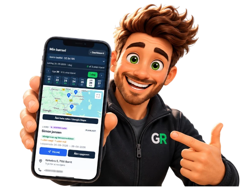 Go Rental 3 6 0 mascot viser chauffør-appen Min kørsel med rute i Google Maps, Vis vej og Åbn opgaven