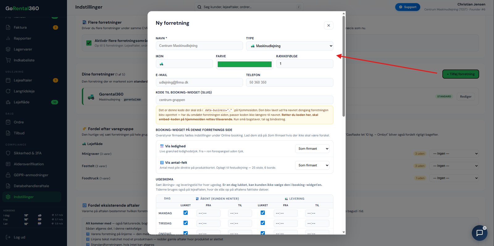 Rediger forretning med ikon, farve, mail, telefon og ugeskema